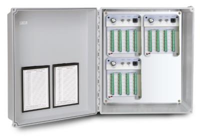 switch box with switched & continuous outputs, 20 x 16 x 10nema 4x (ip66) fiberglass enclosure, 36 channels, terminal strip input, vib & temp jack and two-pin mil connector outputs, no connection ports